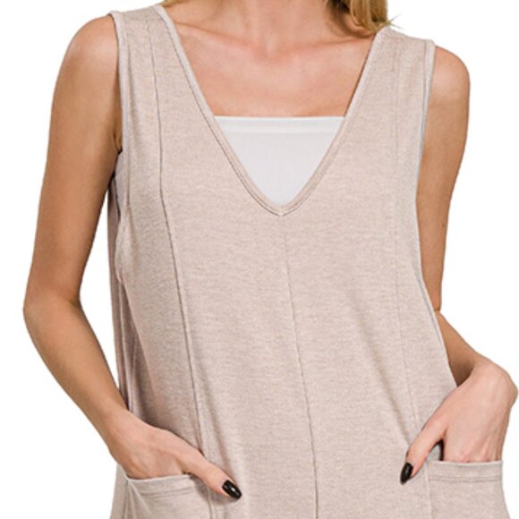 FRENCH TERRY DEEP V-NECK JUMPSUITS | Ash Mocha - Picture 3 of 5